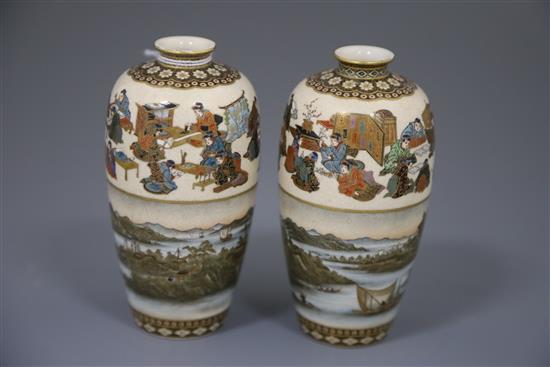 A fine pair of Japanese Satsuma pottery ovoid vases, by Yabu Meizan, Meiji period, H.12cm